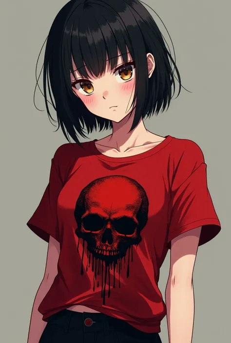 Anime women white skin color short black hair brown eyes dark red t-shirt with a skull black pants