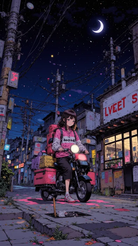  A girl wearing a Yokosuka jumper on a street corner in a Japanese suburb, Uber eats（Uber eats)Express a backpack  , depicting a motorbike delivery character  ,  bike bed light clearly on the night of the crescent moon,,Fantasy pop art of a dreaming girl ,...