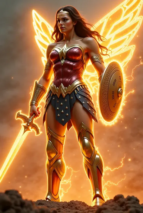 A surreal, cinematic, high-resolution image of Wonder Woman reimagined as a kaiju-like, godly warrior queen. She stands as a colossal titan, her Amazonian armor now transformed into a living, golden exoskeleton, adorned with glowing ancient runes that puls...