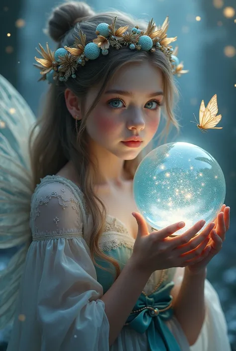 image of a  in a fairy costume holding a snow globe with a small fairy butterfly flying next to it, 8k artgerm bokeh, guweiz, karol bak uhd, guweiz, wlop style artwork. 4k realistic digital art 4k realistic digital art 4k wlop : : 5, 500px