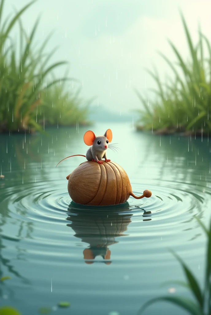 The mouse runs its nutshell over the water, and it rains lightly