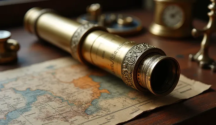 Ornate Brass Telescope
A beautifully preserved antique brass telescope featuring intricate engravings and a weathered finish, positioned on a rustic wooden table alongside vintage maps and navigational instruments.