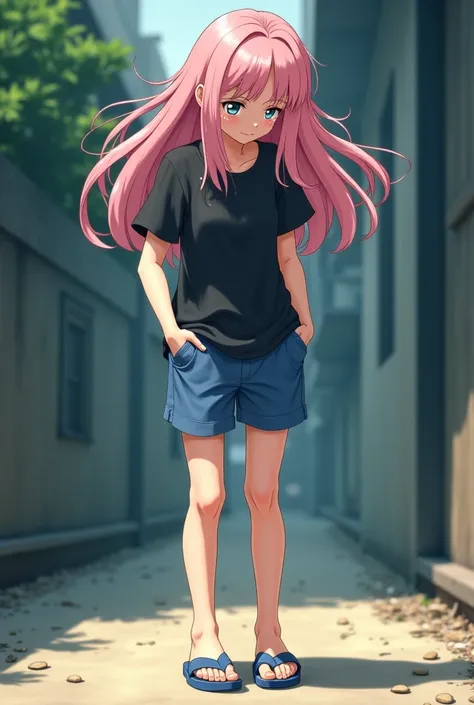 An anime girl is crying,  wearing a blue sandal and a black t-shirt , and she's nervous ,   has blue shorts  ,  A very tall and beautiful girl with pink hair