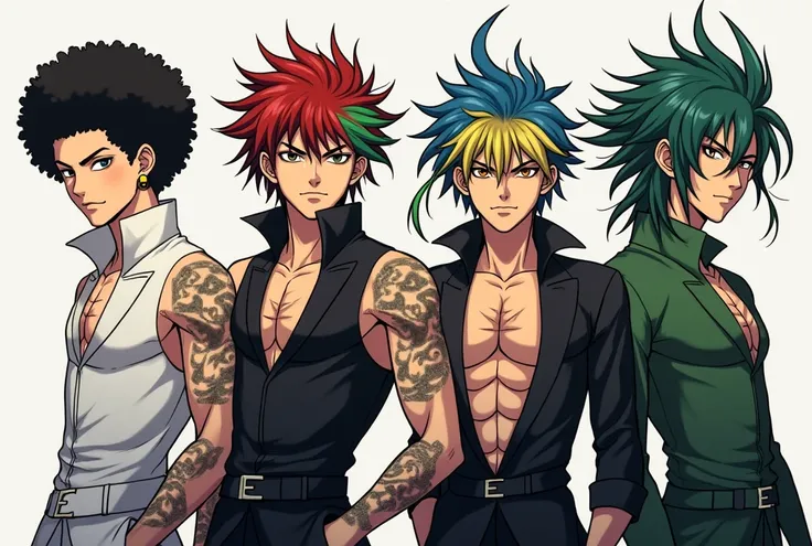 4 male oc de 16 ans de l'anime tokyo revenger menaçant sauvage mysterieux aggressif.
garçon 1 cheveux afro blanc yeux ecarlate 
stylé artificiel 
veste blanche motif tigre.
tatuage.
garçon 2 cheveux rouge et vert long form dragons yeux ecarlate stylé artif...