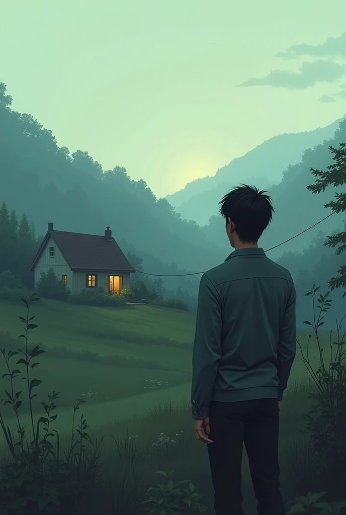 I want a picture from you like, a man thinks he likes a scenic spot in front of him, how much he can't get.
landscape front of the girl's house ,Pale ,Darkness color choices