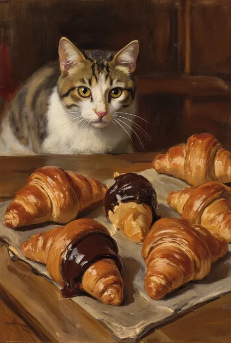  oil、  croissants on the table、Croissants are coated with chocolate、Cat staring at that croissant 