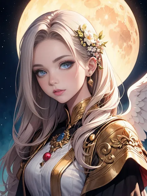 {best quality}, {very aesthetic}, {ultra-detailed}, {best illustration}, watercolor painting,  beautiful angel,  detailed cute face,  Flowers for hair, pure form, golden ratio, moon, midnight,  long hair