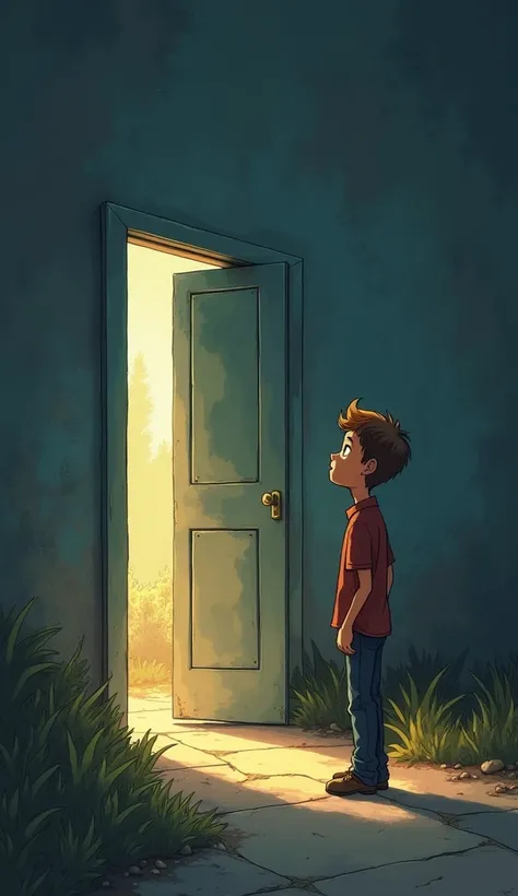 Lucas standing,  looking around with an expression of surprise and renewal ,  as if you finally saw new possibilities . Behind him,  a closed door symbolizes your old obsession ,  while in front of him ,  several other open doors shine with an inviting lig...