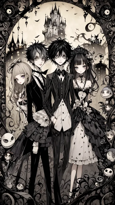   Tim Burton Style、 two young men and women、wallpaper、