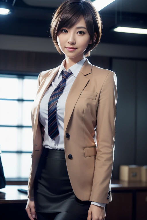 (8k, RAW photo, photorealistic, HQ, masterpiece), a cute Japanese woman, (glowing eyes), 
(smile), brown hair, fluffy Pixie Bob hair, (business suit, jacket suit, Pencil Skirt, Tight skirt, 
skirt suit), (background Large office),
blurred background, depth...