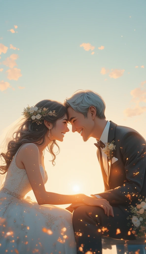  double exposure.  gray haired elderly couple sitting under the sky with their heads on their shoulders , Put your head on your shoulder. In the sky,  close-up of young couple in wedding outfits smiling at each other