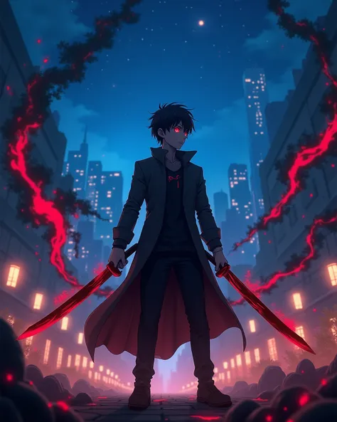 Anime style, young male (age:1.1, ethnicity:1.2), silhouette,  standing on rooftop, cityscape (detailed buildings:1.2),  holding two blades (red glowing details:1.2),  dramatic pose, facing viewer, centered,  dark coat,  powerful expression (intense gaze:1...