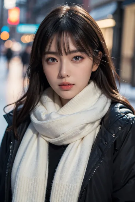 (masterpiece, best quality, photorealistic:1.2), (detailed skin textures, detailed face), absurdres, 8k HDR, realistic lighting, depth of field, 1girl, solo, looking at viewer, shiny skin, skin tight, bangs, winter down parka, scarf, snowy street,