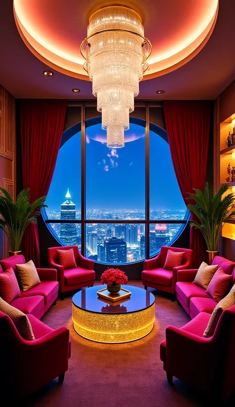 "A luxurious and stylish modern lounge with a breathtaking nighttime cityscape visible through a large circular window. The room features a mix of deep cherry red, royal purple, and shimmering gold accents, creating an opulent and elegant ambiance. Plush v...