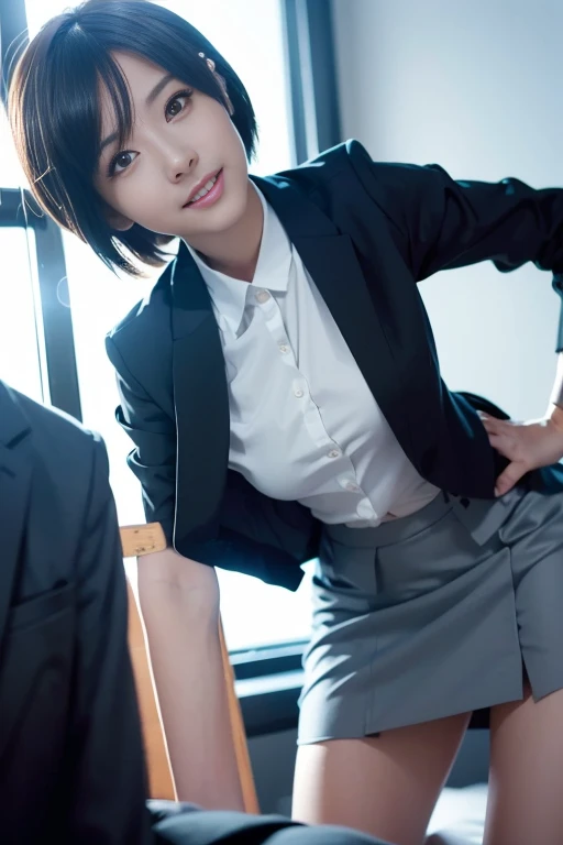 (8k, RAW photo, photorealistic, HQ, masterpiece), a cute Japanese woman, (glowing eyes), 
(smile), brown hair, fluffy Pixie Bob hair, (business suit, jacket suit, Pencil Skirt, Tight skirt, 
skirt suit), (background Large office),
blurred background, depth...