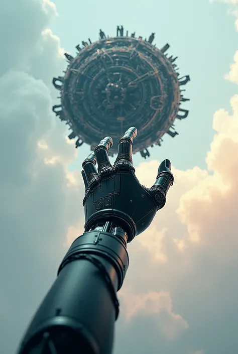 A robot hand upward at the bottom reaching a WORLD with dark color covered with TECHNOLOGY at the center and pastel sky in the background. 