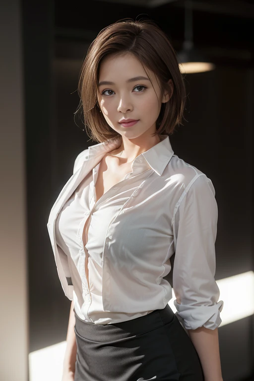 (8k, RAW photo, photorealistic, HQ, masterpiece), a cute Japanese woman, (glowing eyes), 
(smile), brown hair, fluffy Pixie Bob hair, (business suit, jacket suit, Pencil Skirt, Tight skirt, 
skirt suit), (background Large office),
blurred background, depth...