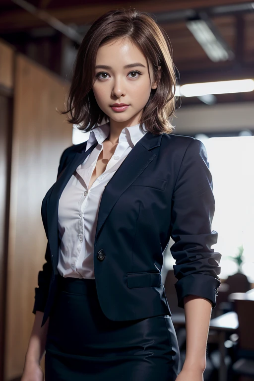 (8k, RAW photo, photorealistic, HQ, masterpiece), a cute Japanese woman, (glowing eyes), 
(smile), brown hair, fluffy Pixie Bob hair, (business suit, jacket suit, Pencil Skirt, Tight skirt, 
skirt suit), (background Large office),
blurred background, depth...