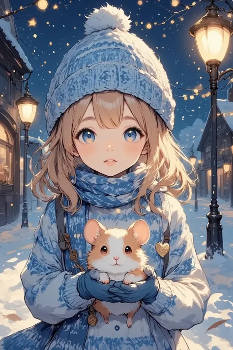 (In the heart of a snow-blanketed village, a young girl stands amidst the gentle glow of a dimly lit street lamp. She is dressed in a snugly knit sweater of azure blue interwoven with white, showcasing delicate Nordic patterns. Her scarf, long and woven wi...