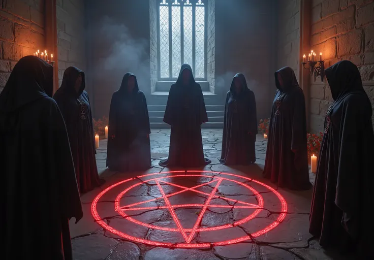 A cinematic wide shot of a group of hooded cultists standing in a circle inside a dimly lit, abandoned chapel. The cultists are chanting in an ancient language, their hoods casting shadows over their faces, adding to the mystery. The floor is marked with a...