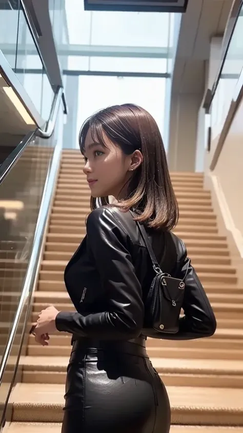  black pencil skirt、 black tights、 black leather jacket、 focus on skirt 、 shopping mall escalator、 shopping mall stairs 、 Station Escalator 、 station stairs、 outdoor light shines in 、Riding the escalator、 stairs、 straight medium hair、 blonde、Stylish square...