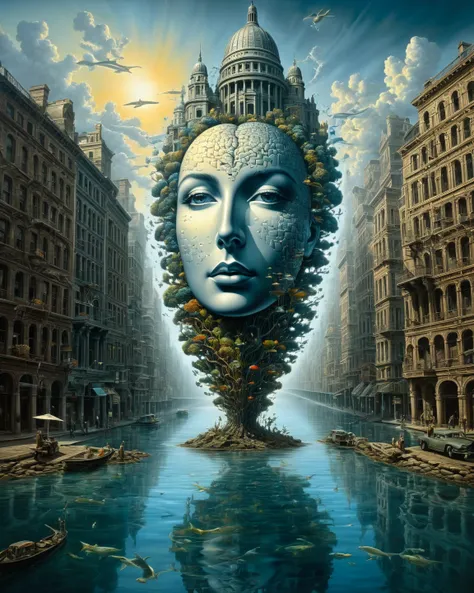 Surrealism George Grie, stunning painting by the famous surrealist artist George Grie, with double exposure effect, building room statue river brain heart, optical illusion, double meanings, in full accordance with the style of the artist George Grie, surr...