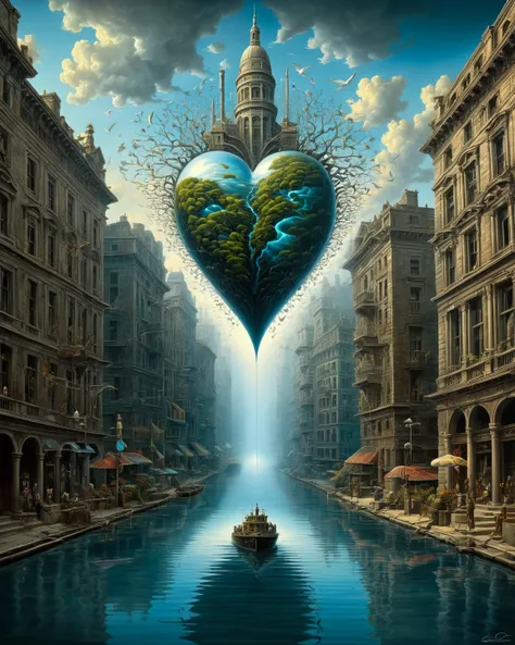 Surrealism George Grie, stunning painting by the famous surrealist artist George Grie, with double exposure effect, building room statue river brain heart, optical illusion, double meanings, in full accordance with the style of the artist George Grie, surr...