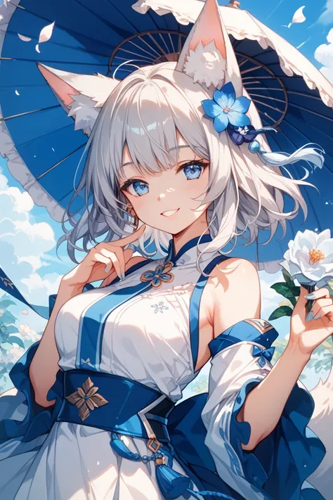 Fox Wind Ears 、 Cool Beautiful Smile {x} Please draw an illustration of a beautiful silver-haired girl with a tail in anime style。
 Ears and Tails Are Silver 、The eyes are blue.。 Clothes Are White 、 Simple Clothes 。