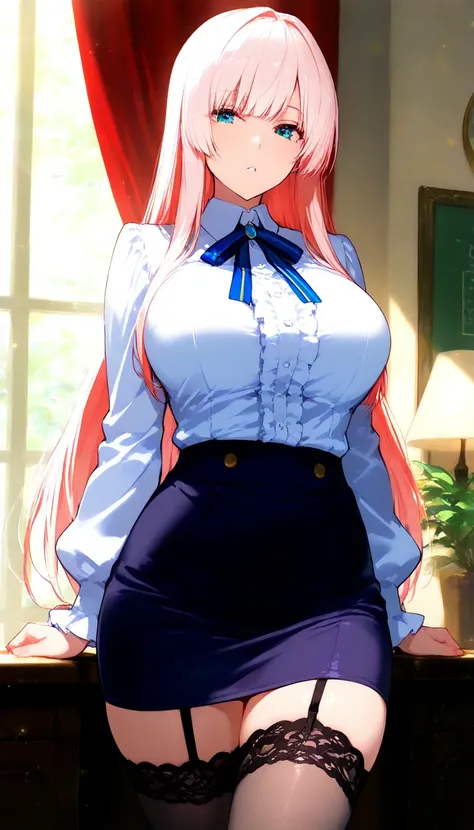 1Woman, light red hair, long hair, straight hair, large breasts, perfect proportions, bewitching beauty, blouse, Pencil skirt, stockings