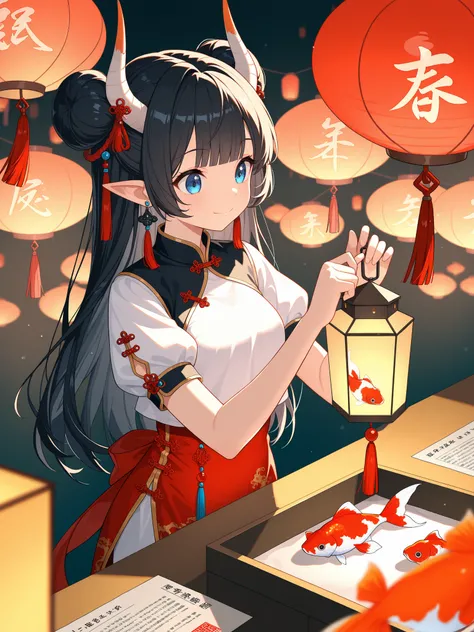   1girl  , Alone,  long hair ,  blue eyes , Black Hair, blue eyes kehijauan, happy ,  mouth closed ,  medium tits , Hair Bun,  double bun , horn ,blunt bangs,  viewing object  , looking at  lantern , holding  lantern ,bow down,  shirt , year , long sleeves...