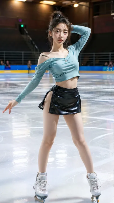 (8k, best quality:1.3), (extremely detailed:1.2), perfect anatomy, beautiful Japanese woman, 18 years old, healthy thighs, beautiful legs, beautiful skin, random hair color, random hairstyle, large breasts, (she is standing:1.2), female figure skater, figu...