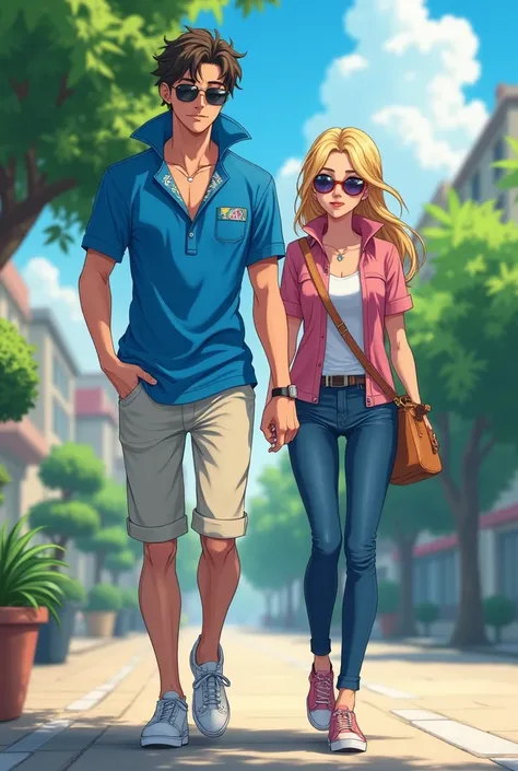 Anime Preppy boyfriend wearing a Blue Massive Popped Collar Polo that's taller than his head while walking with with his Preppy Popped Collar girlfriend