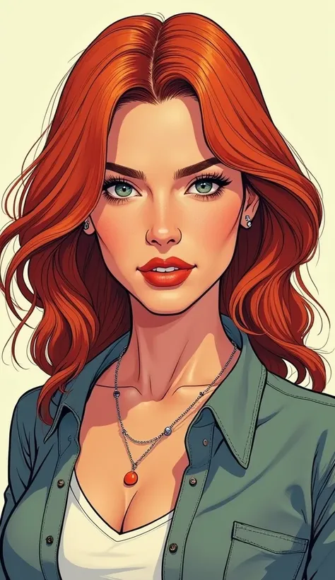 DISCREET image. with discreet casual clothes. image adult woman, american, comic book style. with a neutral face . IMAGES WITH VIBRANT COLORS. focus on face. a place with light colors. red hair