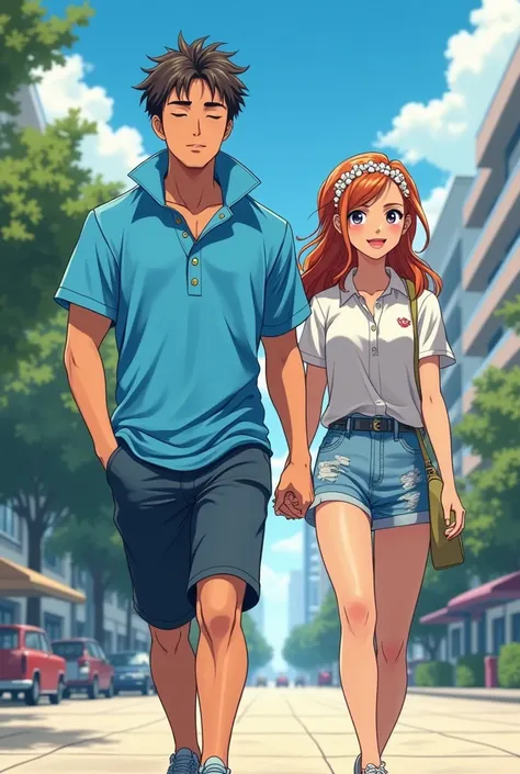 Anime Preppy boyfriend wearing a Blue Massive Popped Collar Polo that's taller than his head while walking with with his Preppy girlfriend