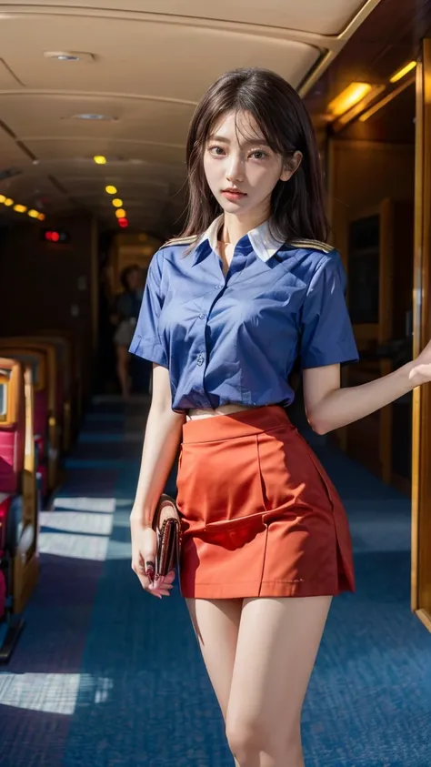 A beautiful, 24-year-old Japanese woman with perfect anatomy, healthy thighs, beautiful legs, beautiful skin, random hair color and style, large breasts, (wearing a flight attendant uniform with a mini-skirt:1.3), (she is standing:1.2), full body shot, pum...