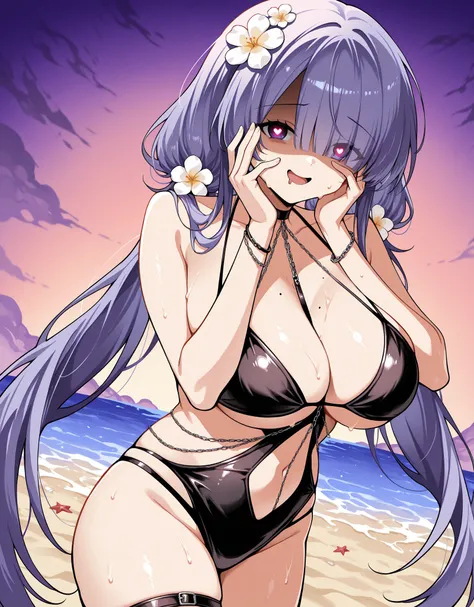 score_9, score_8_up, score_7_up, source_anime, rating_general, 1girl, solo, mogador (azur lane), mgdrbk, hair over one eye, low twintails, hair flower, black choker, strap between breasts, halterneck, mole on breast, black one-piece swimsuit, navel cutout,...