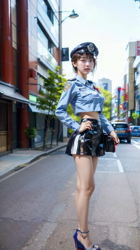 beautiful Japanese woman, 22 years old, perfect anatomy, healthy thighs, beautiful legs, beautiful skin, random hair color, random hairstyle, large breasts, female police officer, (Japanese police uniform:1.3), (miniskirt:1.3), (she is standing:1.2), full ...