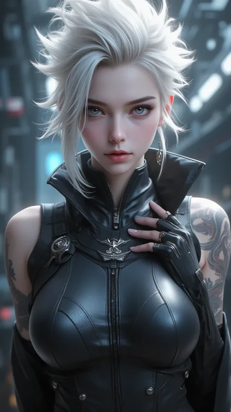 A stunning masterpiece，showing an independent girl，with expressive grey eyes and white hair，With a punk-style hairstyle，wearing a jumpsuit and fingerless gloves。