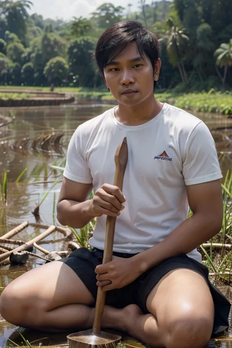 make a picture of an Indonesian man sitting in a rice field holding a hoe measuring 9:16 with perfect similarity