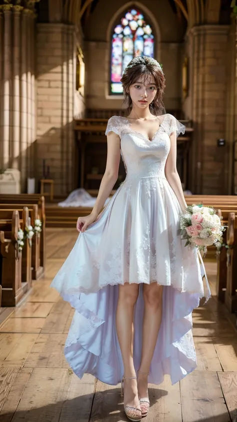 A beautiful young Japanese woman, 26 years old, with healthy thighs, beautiful legs, flawless skin, random hair color and style, large breasts, wearing a (wedding dress:1.3), (she is standing:1.2), full body shot, high heels, holding a bouquet in her hands...