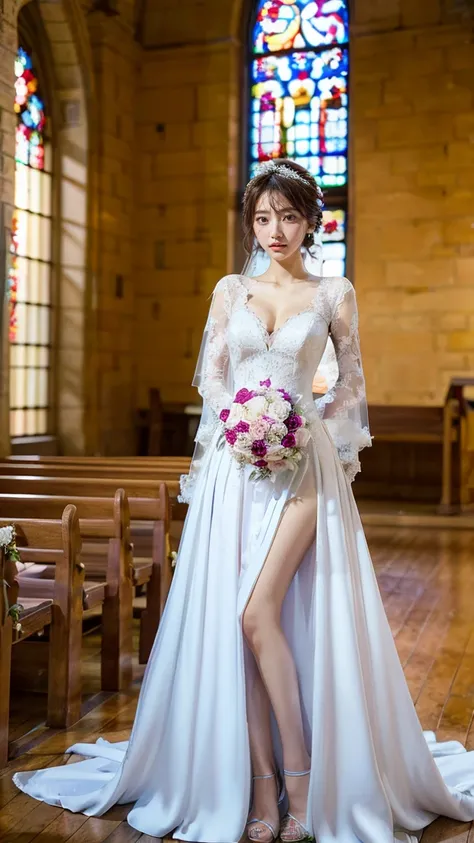 A beautiful young Japanese woman, 26 years old, with healthy thighs, beautiful legs, flawless skin, random hair color and style, large breasts, wearing a (wedding dress:1.3), (she is standing:1.2), full body shot, high heels, holding a bouquet in her hands...