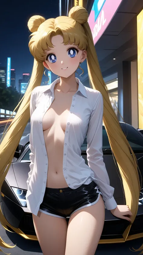 (masterpiece, best quality, very aesthetic , ultra detailed), intriguing details, 1girl, aausagi, blonde hair, double bun, twintails, blue eyes, smile, white open shirt, small breasts, black mini shorts, bare legs, Lamborghini Murcielago, yellow color car,...