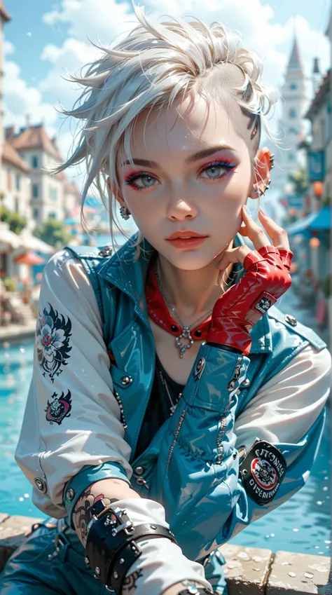 A stunning masterpiece，showing an independent girl，with expressive grey eyes and white hair，With a punk-style hairstyle，wearing a jumpsuit and fingerless gloves。