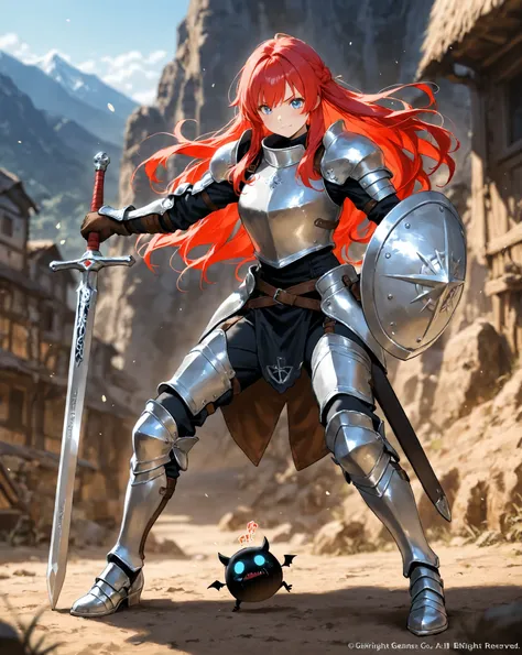 ( girl): Japanese manga style、 medieval fantasy style 、( perfect face)、( Detailed Outfit)、Redhead warrior girl、Mr.々Beautiful colored hair 、 Light blue eyes 、( Sturdy and durable full body armor covered with red and silver metal projections)、 Equipped with ...