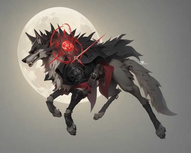  Create a captivating ， In the foreground, the evil ninja wolf ,  Dive into the ominous light of the full moon in the background.  The wolf must radiate ferocious feelings ,  with a sharp , threatening characteristics .  The whole scene is shrouded in a my...