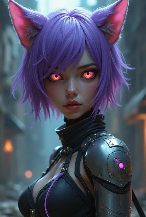 
Промт:
Beautiful girl, cat ears, short purple hair, 1 fully metal arm with neon lighting, scar near the eye from an old battle, cyberpunk style, middle ages

