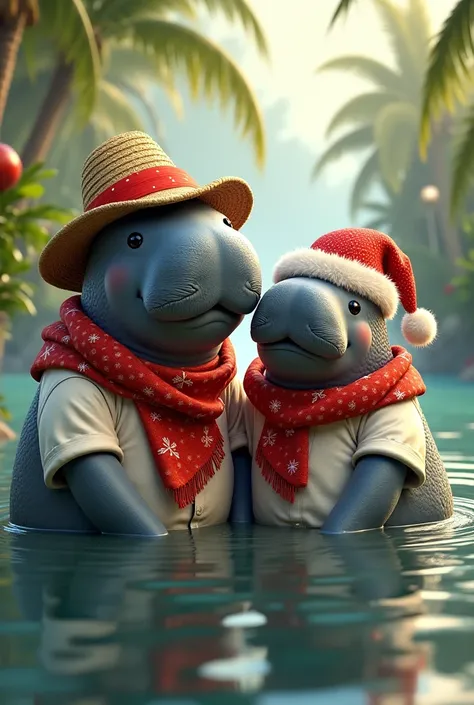 Manatee wearing straw hat ,  white shirt and a handkerchief around his neck, He is celebrating Christmas with his wife Manatí 