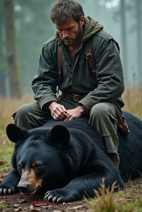 A man sits atop a lifeless black bear, his posture slouched with exhaustion, his torn clothes clinging to his weary body. The bear, once a mighty creature, now lies motionless beneath him, its dark fur stained with blood, eyes open and empty. The man’s fac...