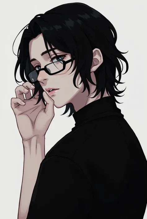  1 boy 　 characters　 I'm wearing glasses　 neutral handsome guy　 attractive　 handsome　 black hair　 loose waves 　 black clothes　Fair skin　A hand that seems to be inviting　 high image quality　half　 sideways　diagonal　 sad　 provocative　 Masterpiece　 highest qua...