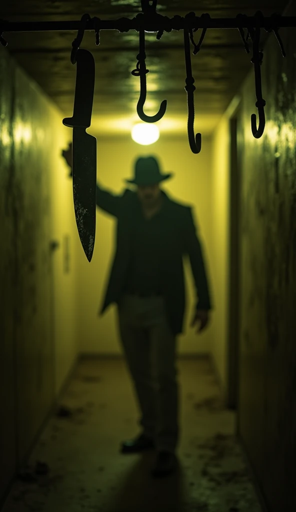 A hidden underground room with dim, sickly yellow lighting. Metal hooks dangle from the ceiling, some still dripping with a dark substance. A blurred silhouette of a figure holding a large knife, standing behind the detective. The perspective is from the d...